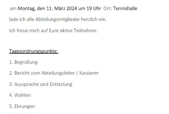 Abteilungsversammlung Tennis TSV Betzingen am 11.3.2024