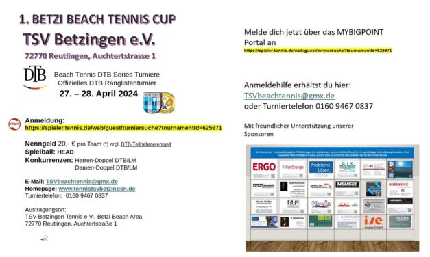 1. Betzi Beach Tennis Cup am 27./28. April 2024 in Reutlingen-Betzingen